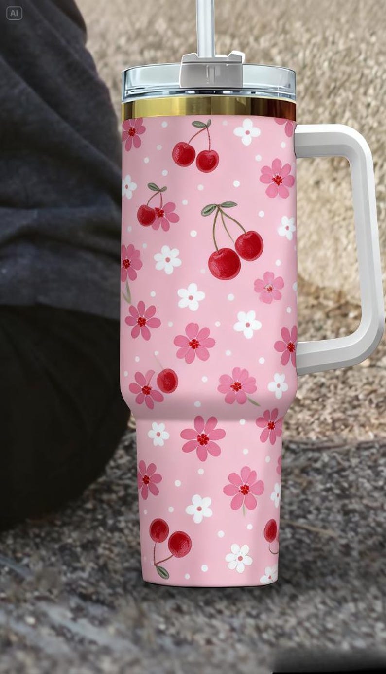 May include: Pink tumbler with a white handle, lid, and straw. The tumbler is decorated with a pattern of red cherries, pink flowers, and white flowers. The top of the tumbler has a gold band.