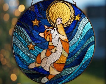 Starry Night Calico Cat Glass Suncatcher, Starry Night Window Art, Celestial Sun Catcher, Gift for Cat Lover, Moon Art, Animal Lovers