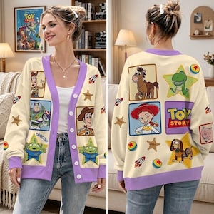 Cardigan di Toy Story, con bottoni, Buzz, Woody e Jessie, in poliestere, ispirato ai personaggi Pixar, regalo a tema cartoni animati per donne.