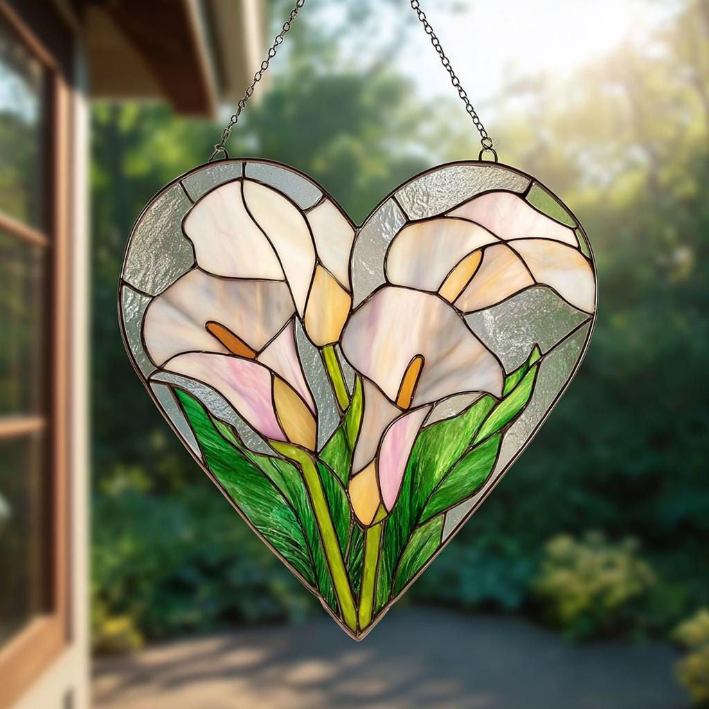 レディバード・ジョンソンワイルド・フラワーセンター ヴィンテージ ステンドグラス Stained Glass Calla Lily Heart Suncatcher, Handmade Floral Window