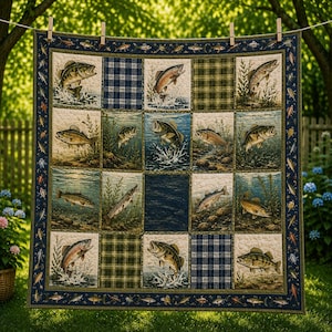 Freshwater Fishing Patchwork Quilt Blanket, Bass & Trout Quilt, Rustic Cabin Bedding, Angler Throw Blanket, Fisherman Gift for Him