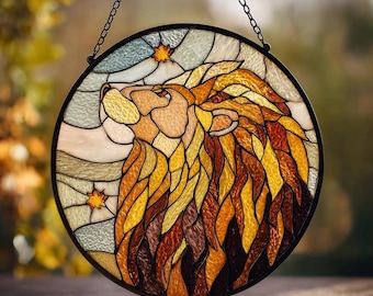 Löwe und Sterne Glasfenster hängen rund Suncatcher Geschenk für ihn