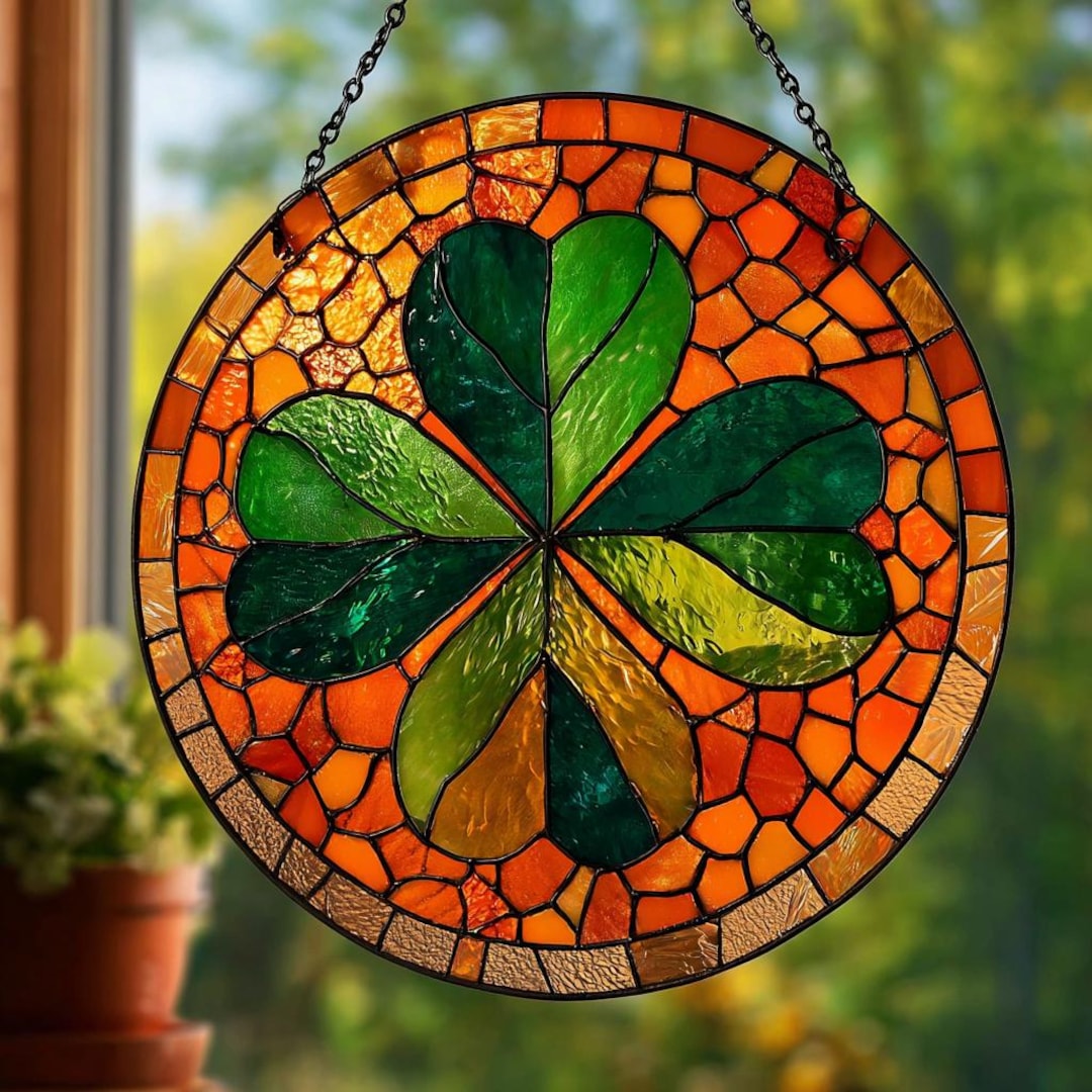 Four-leaf Clover: Stained Glass Style Window Hanging Green Clover ...