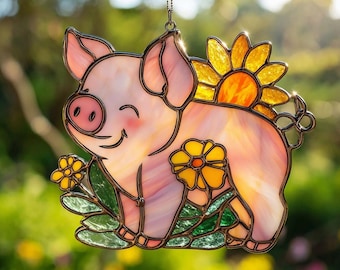 Schwein Acryl Suncatcher, niedliches Bauernhof Tier Faux gefärbtes ACRYL Fenster hängend, Blumenlanddekor Geschenk, Tierliebhaber, Bauernhofdekor