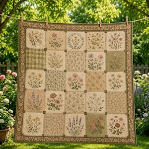 May include: A square patchwork quilt featuring a grid of twenty-five blocks with various floral prints, botanical illustrations, and green gingham patterns. The quilt is framed by a wide border decorated with a repeating pink flower vine pattern.