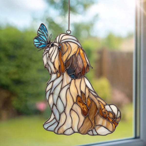 Shih Tzu ACRYLIC Suncatcher, Dog with Butterfly Window Art, Personalized Shih Tzu Gift, Pet Memorial Art, Puppy Lover Home Decor NOT GLASS