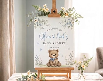 Bär-Babyparty-Willkommensbanner, personalisiertes Blumenpartyschild, Jungen-Babyparty-Plakat, blaues botanisches Dekor