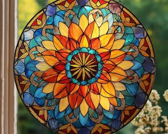 海と陸の曼荼羅：本物のガラスで作られたステンドグラス風の窓飾り