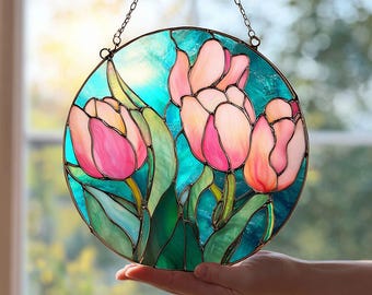 Rosa Tulpe Glasmalerei Suncatcher / Hausgarten Frühling Florales hängendes Geschenk für Blumenliebhaber / Geschenke für Pflanzenliebhaber / Geschenk für Oma