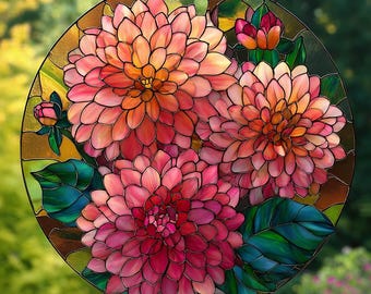 Dahlia Flower Suncatcher, Pink Faux Stained Glass Acrylic Window Hanging, Flower Garden Decor, Lotus Flower Window Decor
