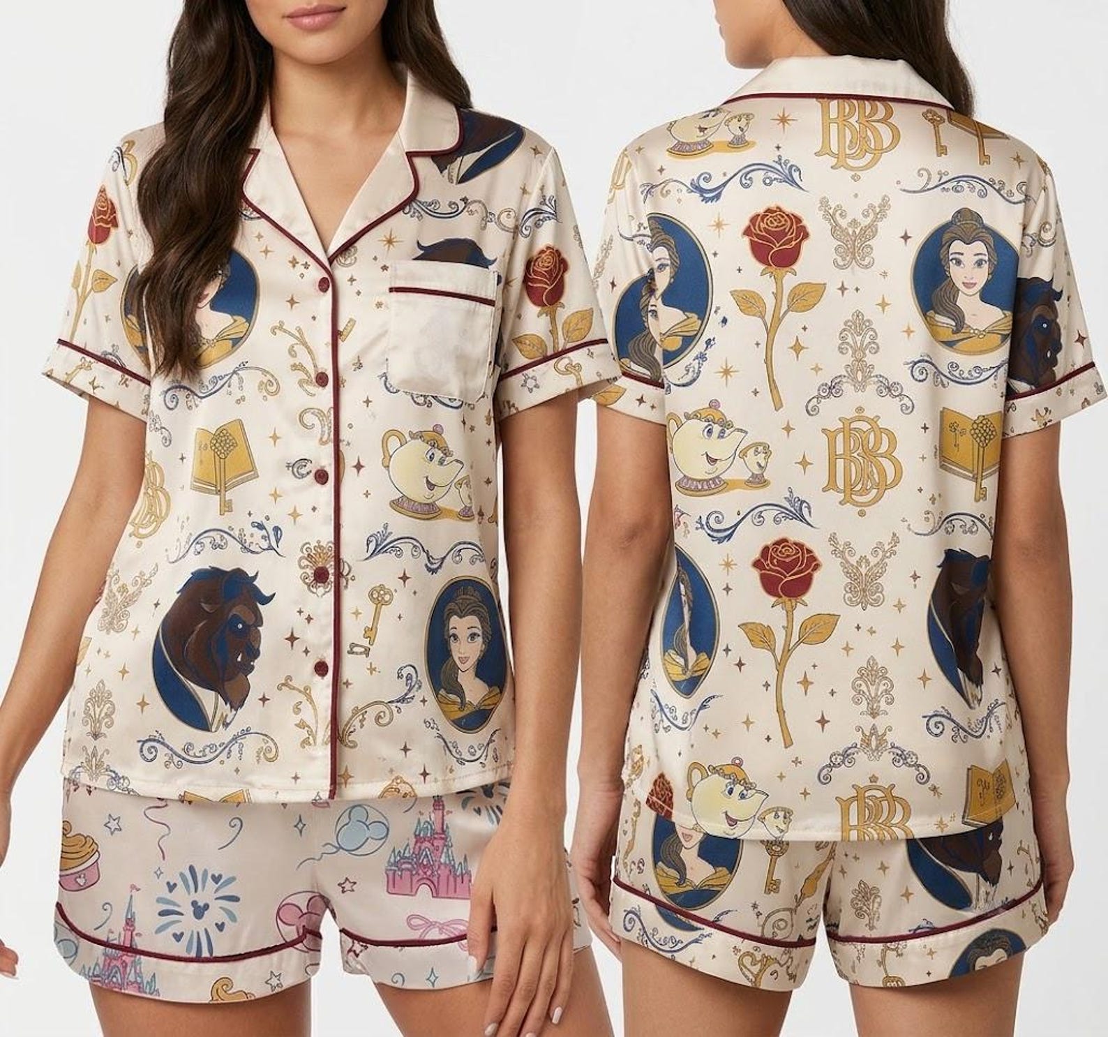 Beauty and the Beast Disney Pajama Set, Belle Rose Castle Print Short Sleeve Sleepwear, Cute Loungewear Gift for Her