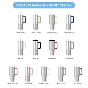 May include: A collection of stainless steel tumblers with various handle colors, including dusk blue, grass green, warm gray, and denim blue. The image also shows tumblers in white, black, red rust, cool gray, light purple, dust pink, rose quartz, light green, and hot pink.