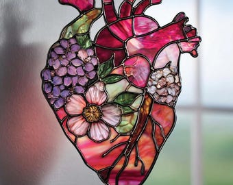 Anatomical Heart Stained ACRYLIC Suncatcher, Floral Love Window Art, Acrylic Window Hanging, Heart Decor, Unique Gift