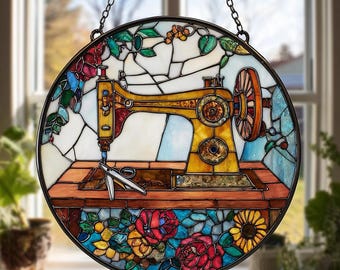 Suncatcher Glasmalerei Nähmaschine Quilten Ornament Fensterbehang Quilter Liebhaber Geschenk Tailor Shop Decor