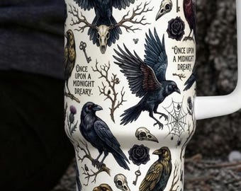 The Raven 40oz Tumbler with Handle, Gothic Edgar Allan Poe Travel Mug, Dark Academia Stanley Style Cup, Halloween Gift for Mom,Raven Tumbler