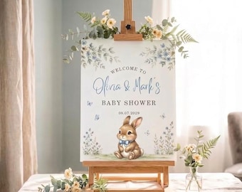 Bunny Baby Shower Welcome Banner, Personalized Rabbit Floral Party Sign, Blue Botanical Printable Baby Decor