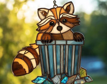Raccoon Trash Can ACRYLIC Suncatcher, Adorable Trash Panda,, Raccoon lovers Gift, Woodland Animal Window Ornament, Nature Lovers Home Decor
