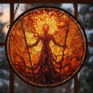 May include: Round stained glass panel depicting a figure with fiery hair and a tree-like body, holding two spears. The artwork features warm tones of orange, red, and yellow, with a dark brown border and hanging chain. The design evokes themes of nature and mythology.