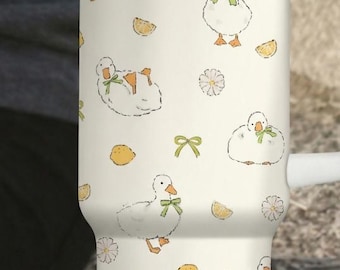 Cute Duck 40oz Tumbler with Handle, Lemon Goose Aesthetic Cup, Pastel Spring Stanley Style Tumbler, Gift for Mom, Cute Travel Mug