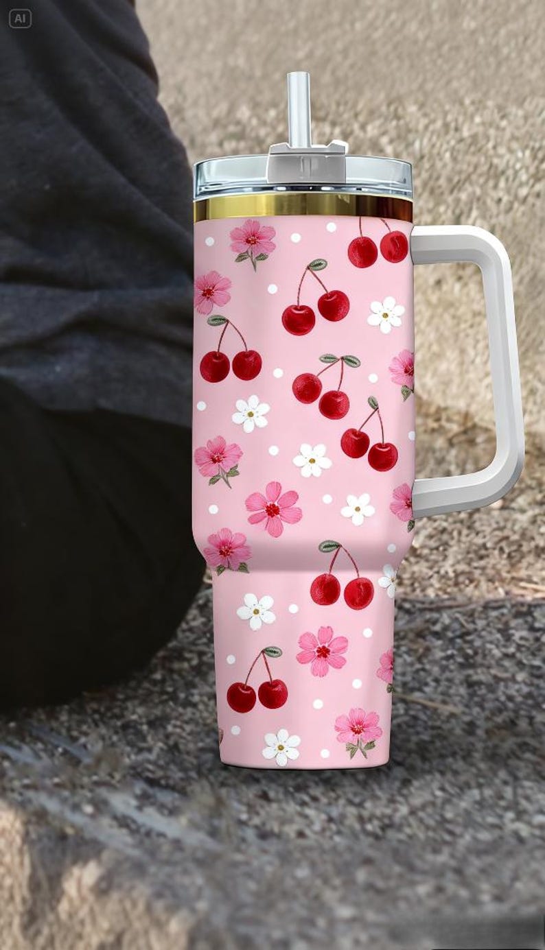 May include: A pink tumbler with a white handle, lid, and straw. The tumbler is decorated with a pattern of red cherries, pink flowers, and white polka dots. The rim has a gold accent.