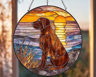 Acchiappasole commemorativo in vetro colorato Labrador: cane Labrador color cioccolato da appendere alla finestra, regalo per la perdita di un animale domestico