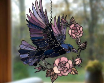 Raven And Roses Acrylic Suncatcher – Gothic Faux Stained ACRYLIC NOT GLASS Crow Window Hanging, Dark Cottagecore Floral Decor