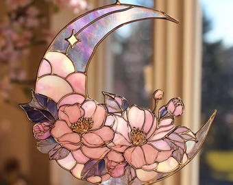Floral Mond Acryl Suncatcher und Ornament Faux Buntglas Fenster Geschenk Von der Natur inspiriertes Geschenk für Orchideenliebhaber, Muttertag Housewarming