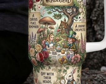 40 Unzen Alice im Wunderland Becher mit Griff, Vintage Floral Fantasy Cup, Mad Tea Party Travel, Buch-Liebhaber-Geschenk, wunderliche Cottagecore-Tasse