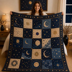 May include: A square quilt featuring a grid of alternating dark blue and cream-colored panels. The design displays celestial motifs including crescent moons, full moons, suns, and various star patterns, all bordered by a dark blue frame.