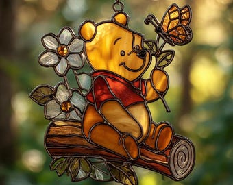 Atrapasueños de vitrales de imitación de Winnie The Pooh: Arte colgante de ventana de oso de Disney, decoración de pared de Disneyland, regalo de Navidad