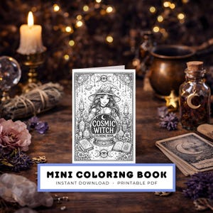 Puede incluir: Un libro para colorear en blanco y negro titulado "Cosmic Witch" con una ilustración de bruja. El libro está rodeado de velas, cristales y otros objetos místicos. El texto "Mini Coloring Book" se muestra debajo.