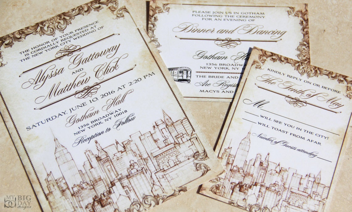New York Themed Wedding Invitation Set. Vintage New York City Etsy