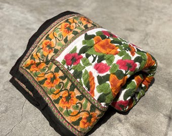 Orange Green Block Print Cotton Quilt, Reversible Kantha Quilt, Handmade Boho Bedding, Autumn Farmhouse Decor, All Season Blanket