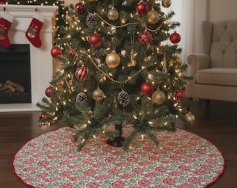 Falda para árbol de Navidad con estampado a mano: Falda floral rosa y verde | Decoración festoneada de algodón