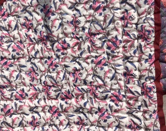 Indian Reversible Block Print Floral Quilt, Handmade Cotton Bedspread, Kantha Bedding Decor, King Coverlet