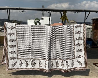 Autumn Oak Brown Block Print Cotton Dohar, Reversible Floral Quilt with Flannel, Summer AC Blanket, Sofa Throw, Boho Bedroom Decor
