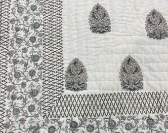 Gray Hand Block Printed Cotton Quilt, Reversible Kantha Quilt, Handmade Bedspread, King Size Bedding