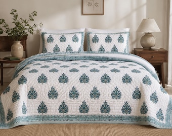 Hand Block Print Soft Cotton Quilt, Reversible Handmade Bedspread, Lightweight Boho Bedding, Queen Size Quilt, Kantha Comforter