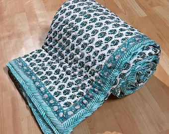 Green Floral Cotton Quilt, Block Print Bedspread, Boho Bedding, Queen Size Quilt, Fall Bedroom Decor