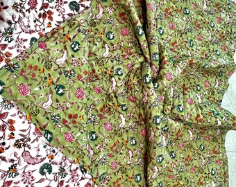 Hand Block Print Quilt, Reversible Green Floral Cotton Bedspread, Boho Fall Quilt, Bedroom Decor, Housewarming Gift