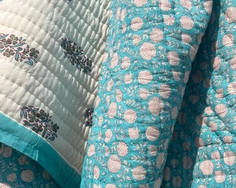 Turquoise Block Print Cotton Quilt, Reversible Floral Queen Quilt | Blue Bedding | Handmade Blanket | Boho Bedspread