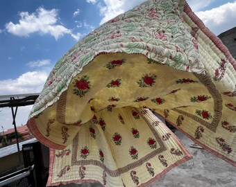 Ivory Red Floral Cotton Quilt, Block Print Bedspread, Reversible Quilt, Lightweight Boho Bedding