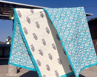 Sky Blue Floral Block Print Cotton Quilt, Reversible Queen Bedspread, Jaipuri Bedding Coverlet Quilt