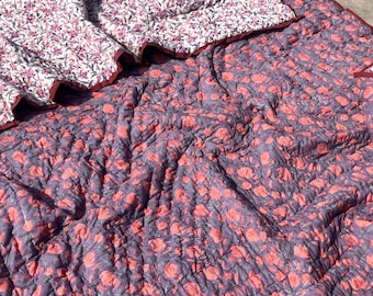 Handmade Purple Coral Pink Floral Block Print Quilt, Reversible Cotton Bedspread, Lightweight Bedding, Autumn Home Decor
