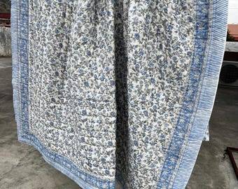 Indian Floral Block Print Cotton Quilt, Reversible Blue Bedspread Blanket, Lightweight Throw Quilt, Fall bedroom Decor