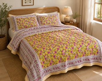 Yellow Pink Block Print Quilt, Handmade Cotton Bedspread, Reversible Floral Quilt, Indian Boho Bedding, Twin Queen Coverlet