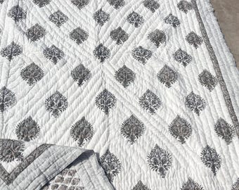 Taupe Gray Floral Block Print Quilt, Reversible Cotton Bedspread, Handmade Throw Quilt, Indian Boho Bedding, Lightweight Blanket