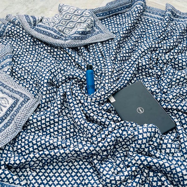 Hand Block Print Indigo Blue Quilt, Reversible Cotton Quilt, Jaipuri Razai, Queen King Bedspread, Boho Farmhouse Bedding