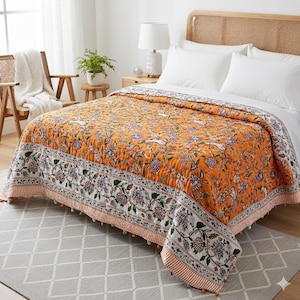 Oranje bloemenblokprint quilt: Omkeerbare Indiase Kantha quilt, zomerse sprei