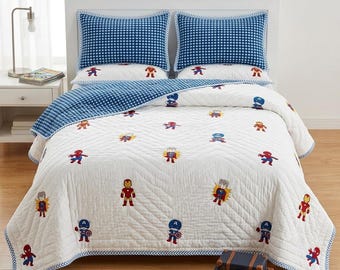 Superhero Block Print Cotton Queen Twin Quilt | Reversible Indian Kantha Bedspread, Spiderman Dorm Bedding, Captain America Blanket,